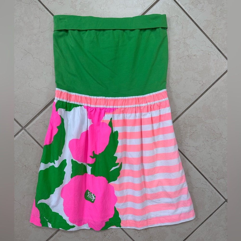 Lilly Pulitzer Green and Pink Strapless Mini Dress